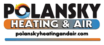 Logo for Polansky Heating & Air with website polanskyheatingandair.com, featuring blue and orange color accents and a stylized circular graphic in the letter “O.”.