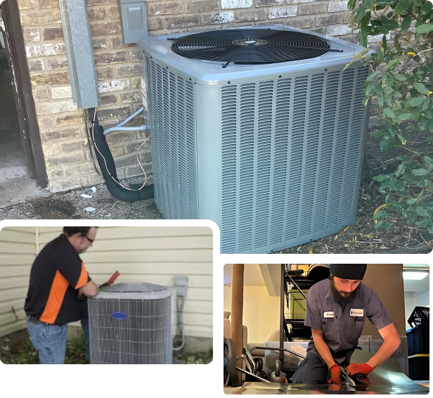 A large outdoor air conditioning unit, a technician inspecting another unit, and a worker in uniform repairing indoor HVAC equipment.